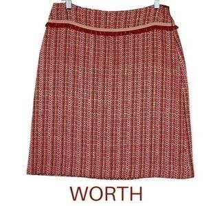 Worth 100% Silk Coral Red Tweed Fringe Skirt Size 6